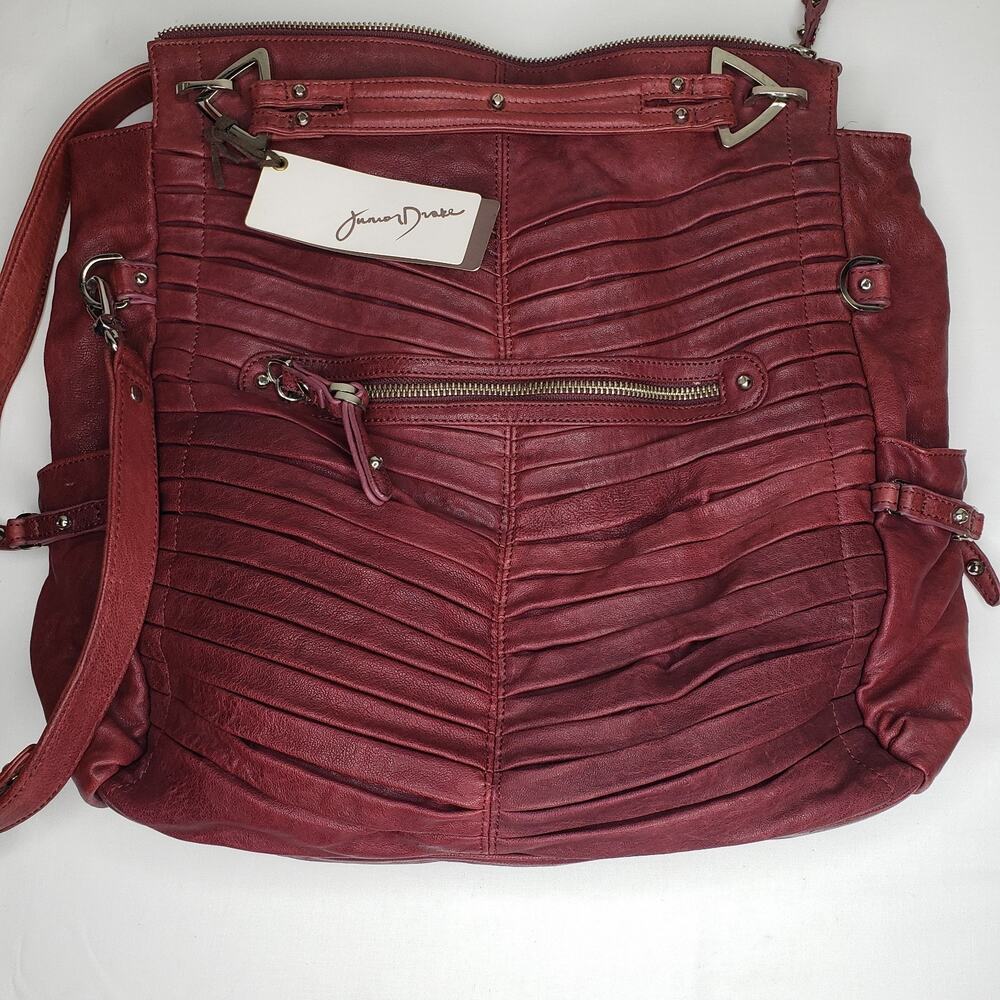 Junior Drake Gail Pleated Cranberry Bordeaux Leather Convertible Handbag Zippers - Picture 2 of 16